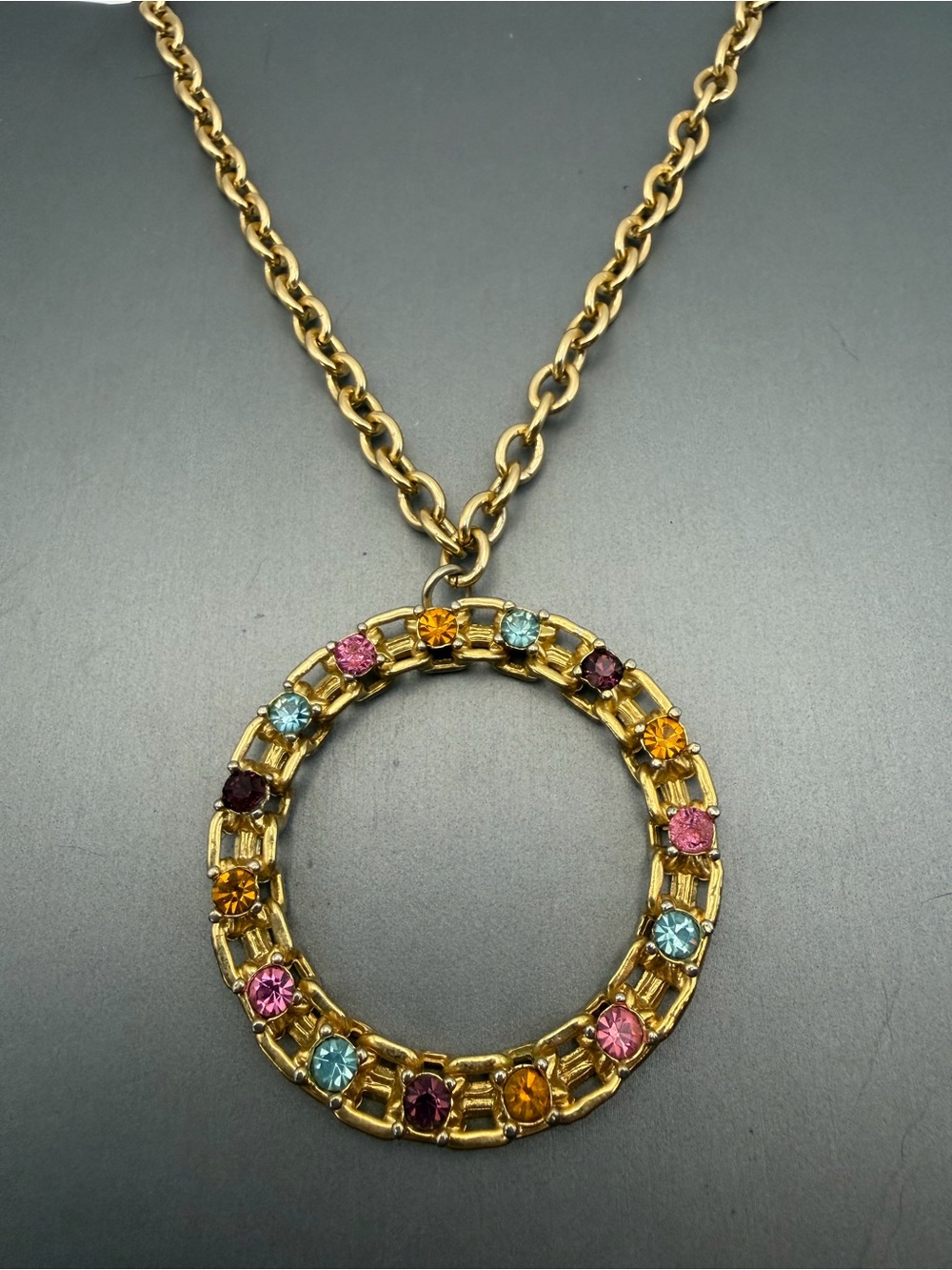 Sarah Coventry 1974 Picadilly Circle Gold Tone Rhinestone Necklace 25”